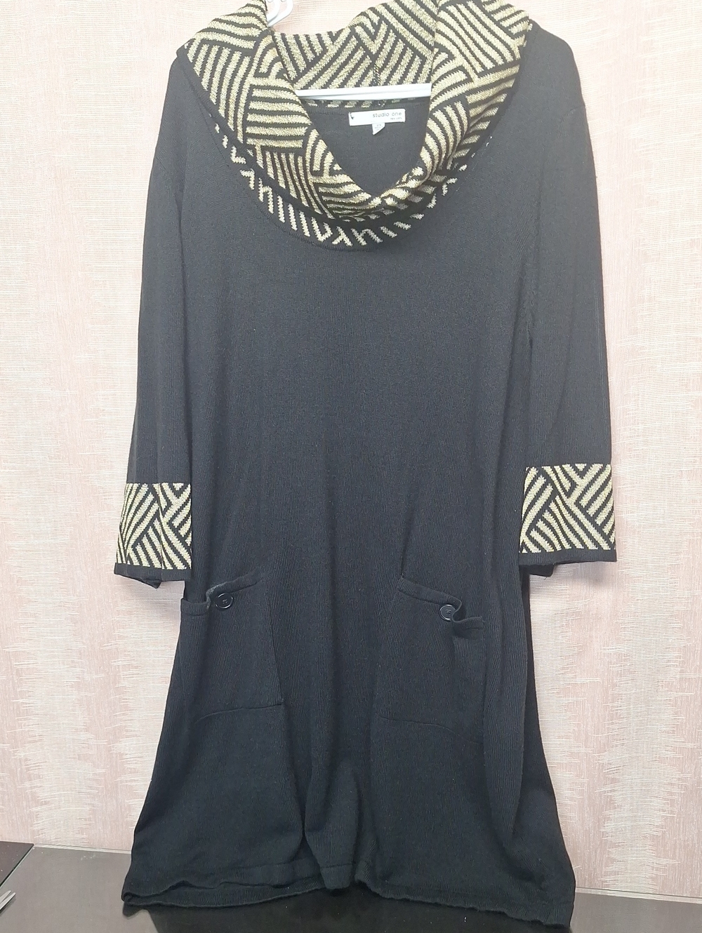 Studio One Black Sweater with Gold Geometric Cowl
